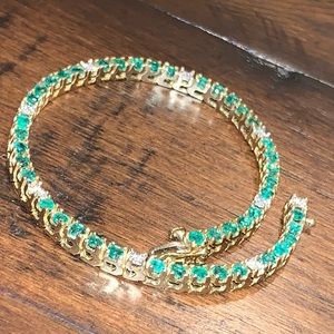 14k YG natural diamond & emerald tennis bracelet